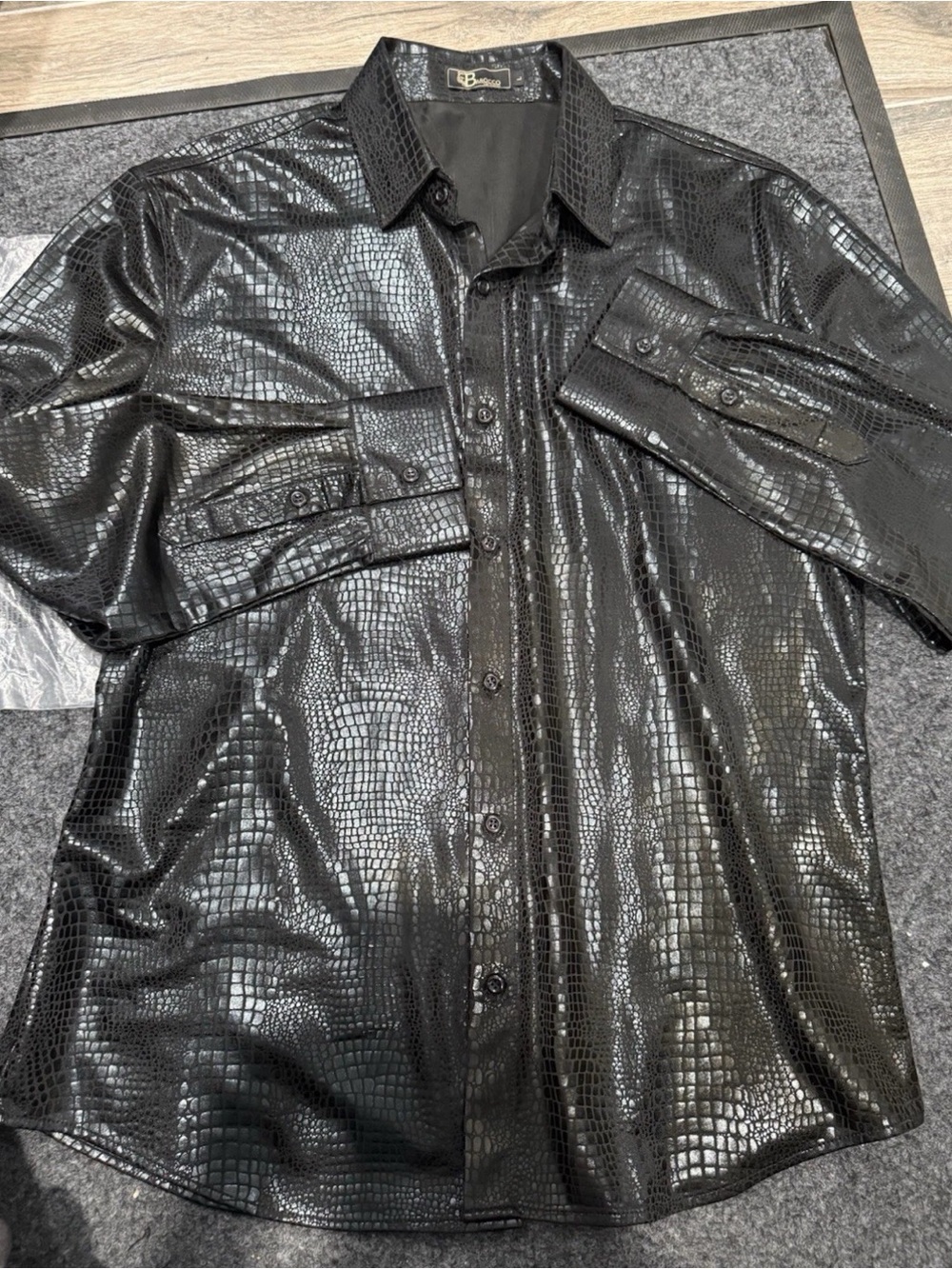 Black Croc-Embossed Button-Up Shirt